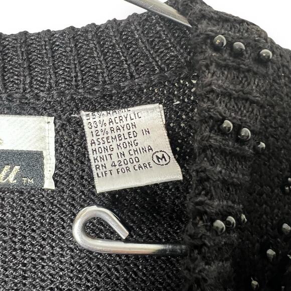 Vintage 80s Beaded Cardigan Sweater Size Medium Black Retro Style Rockabilly - Picture 9 of 11